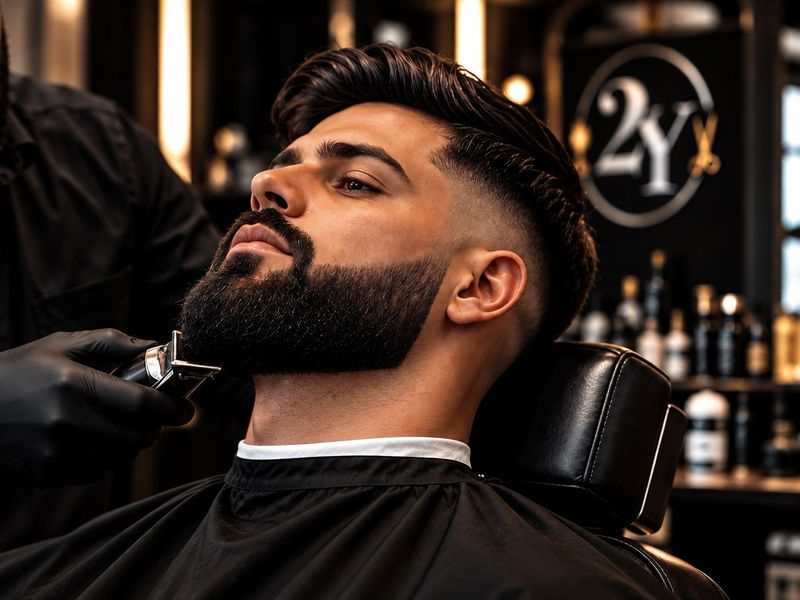 Taille de barbe dans le salon Barber 2Y à Ars-sur-Moselle, logo 2Y au mur